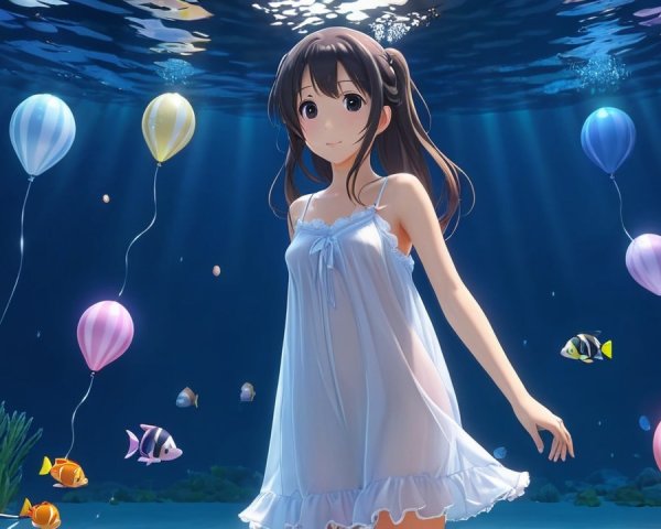Underwater Scene with Girl in White Dress and Balloons