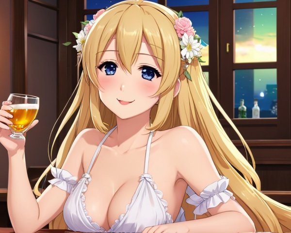Cheerful Woman in White Bikini at Cozy Bar Setting