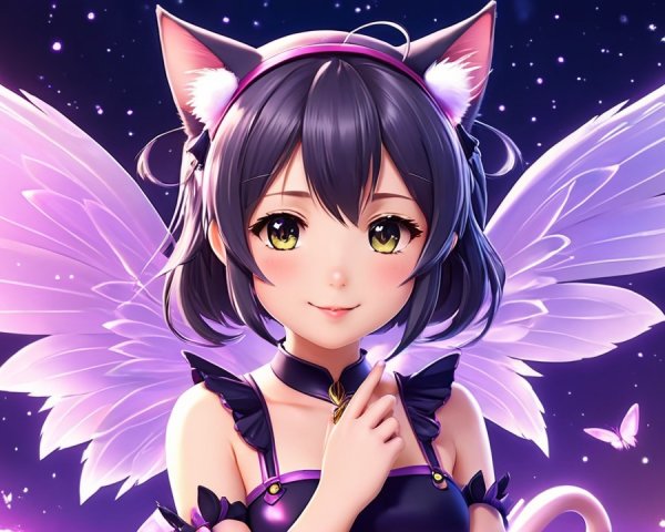 Whimsical Anime Character with Cat Ears and Wings