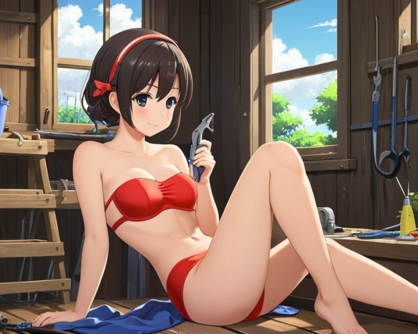 Young Woman in Red Bikini in Workshop Setting