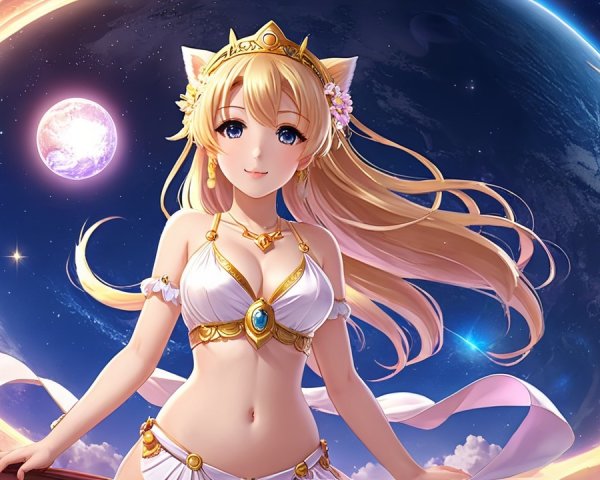 Celestial Character with Blonde Hair and Cosmic Background