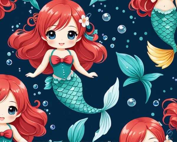 Whimsical Pattern of Animated Mermaids with Bubbles
