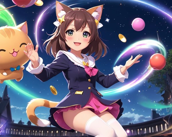Cheerful girl in school uniform balances colorful orbs