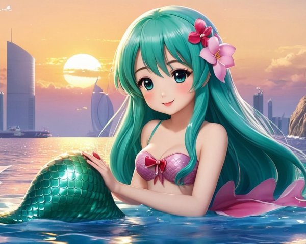 Vibrant Anime Mermaid in Serene Sunset Scene