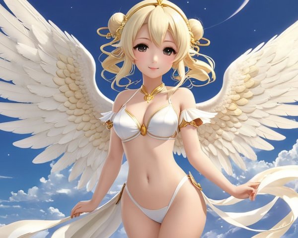 Angelic Figure with Wings Against Blue Sky and Clouds