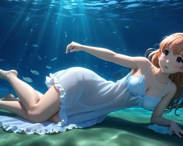 Underwater Scene of a Young Woman in a Light Dress