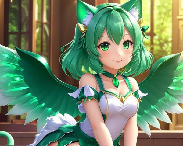 Fantasy Character with Green Hair and Cat Ears