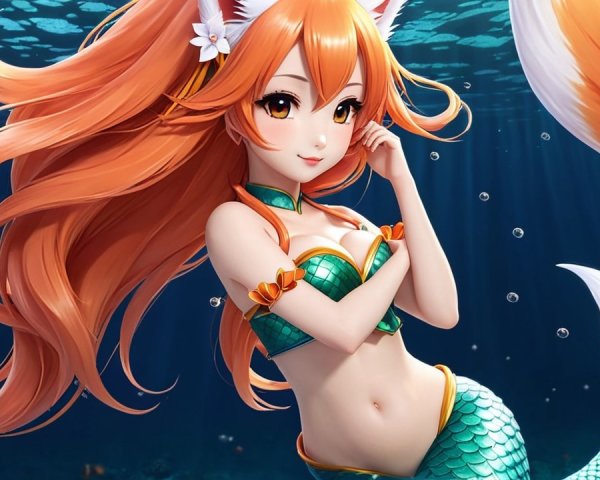 Vibrant Mermaid with Orange Hair in Aquatic Setting