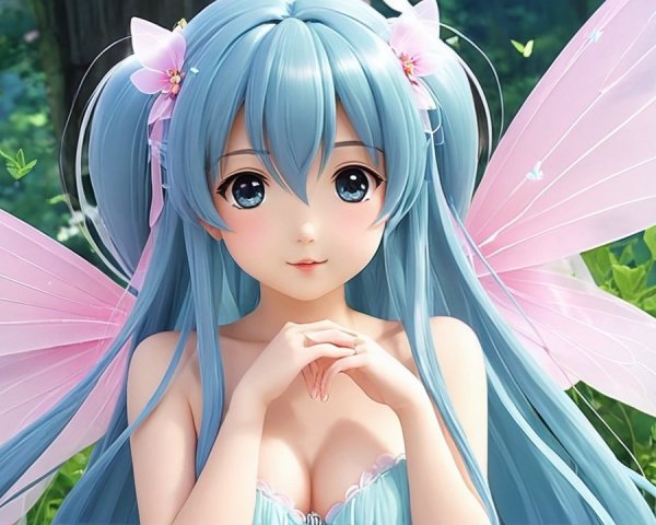 Whimsical Fairy with Blue Hair and Butterfly Wings