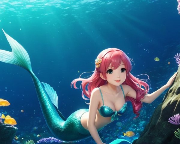 Vibrant Underwater Scene with Cheerful Mermaid