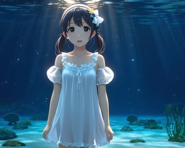 Underwater Scene with Girl in White Dress and Corals