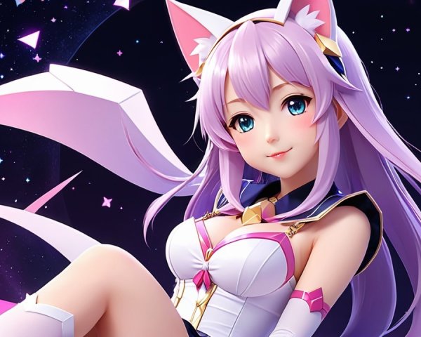 Anime Character with Lavender Hair in Cosmic Setting