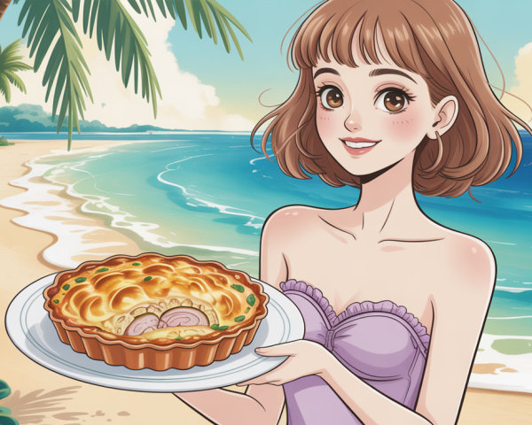Anime Illustration of Woman with Quiche on Beach