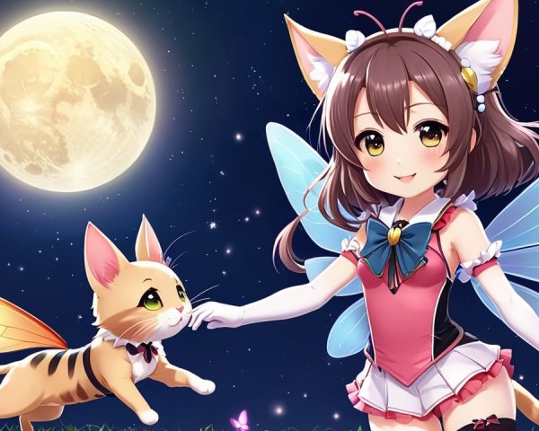 Young girl with cat ears and fairy wings at night