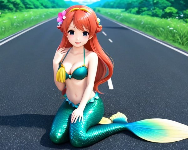Vibrant Animated Mermaid on Road with Lush Greenery