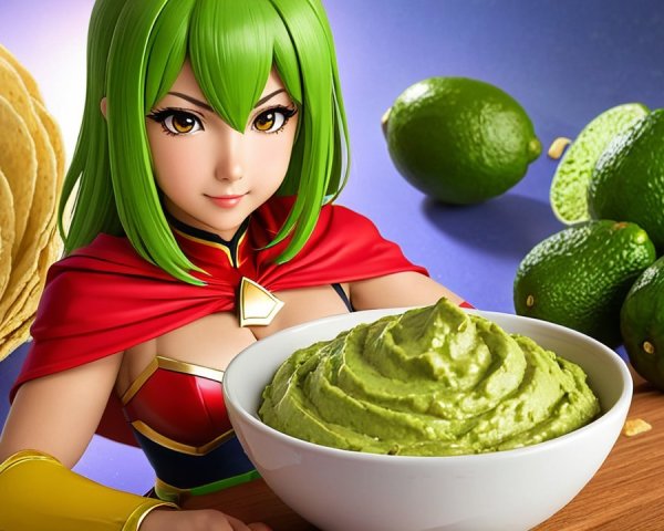 Animated character with guacamole and tortilla chips
