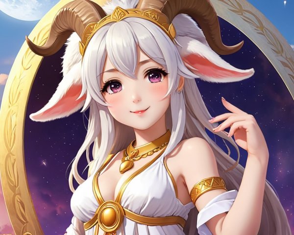 Anime girl with silver hair and horns in night sky
