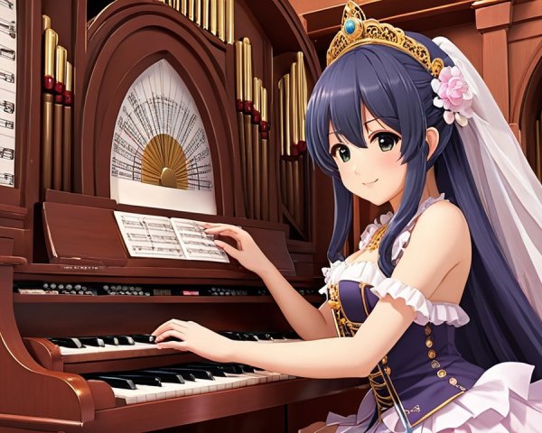 Young Woman in Lavender Gown at Ornate Organ