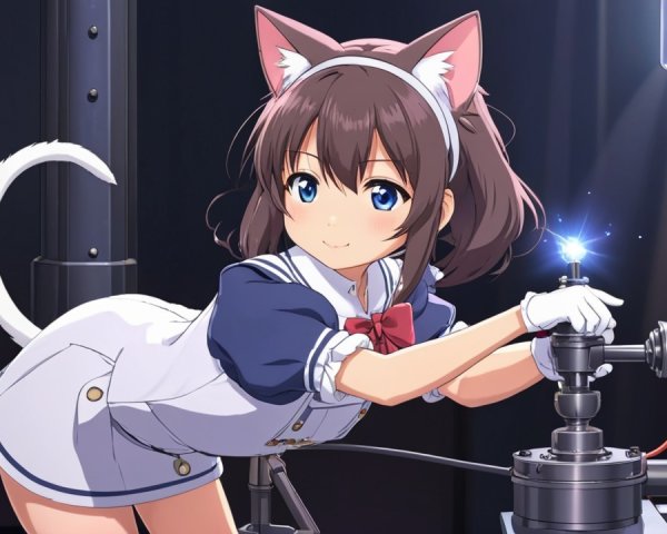 Young woman with cat ears in a mechanical setting
