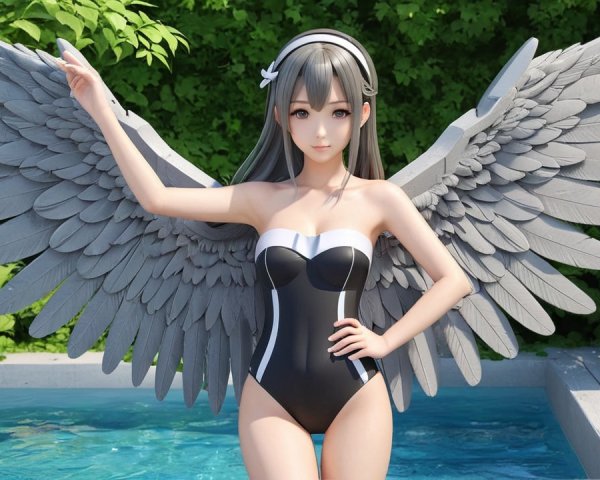 Stylish Character with Gray Wings by a Poolside