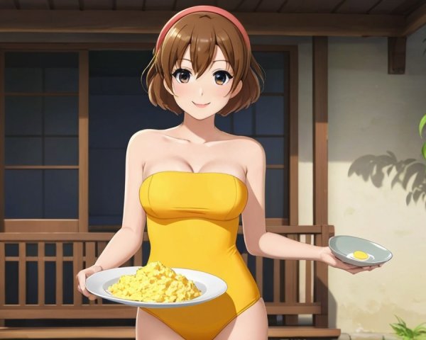 Character in Yellow Swimsuit Holding Eggs Outdoors