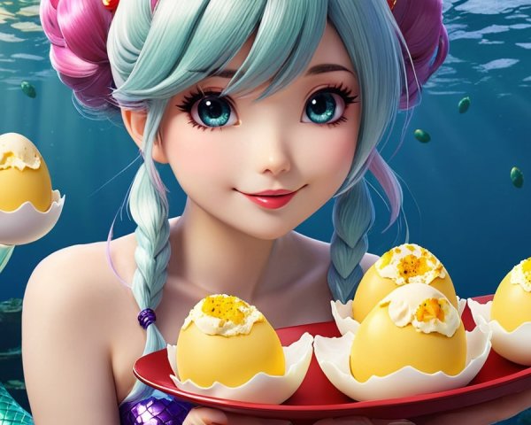 Whimsical Underwater Scene with Mermaid and Eggs