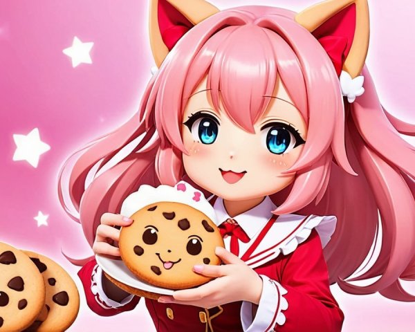 Cheerful anime character with pink hair and cookies