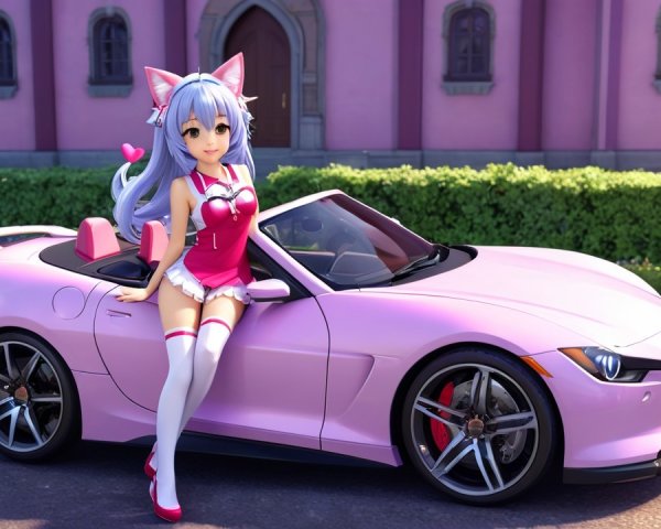 Anime Character with Cat Ears and Pink Sports Car