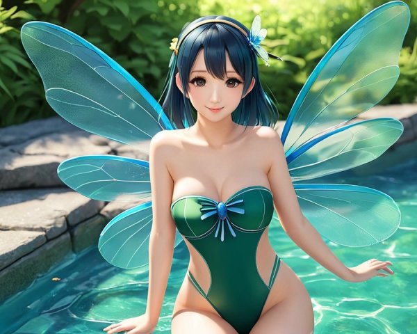 Whimsical Fairy with Blue Wings by a Shimmering Pool
