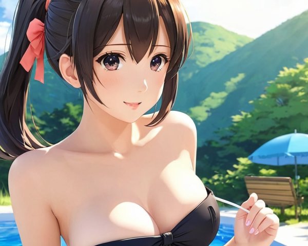 Young woman in black bikini by blue poolside scenery