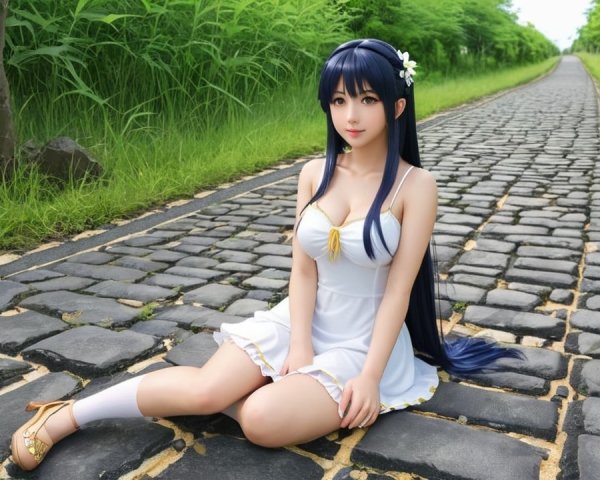 Young Woman in White Dress on Cobblestone Path