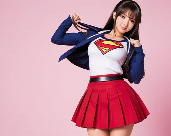 Young woman in playful superhero-themed outfit