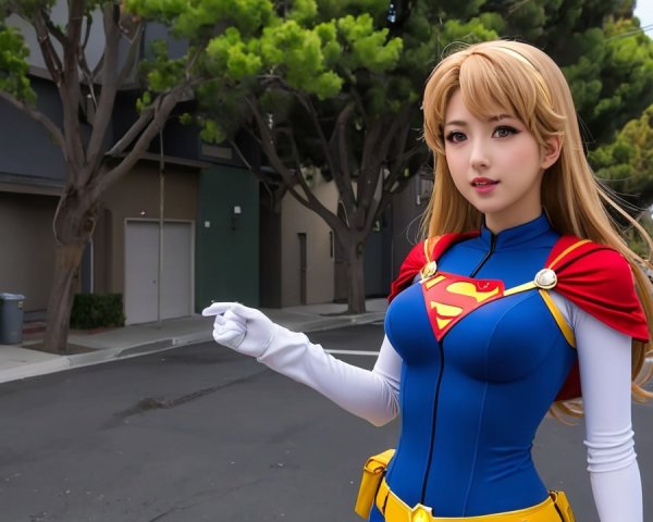 Young Woman in Superhero Costume on City Street