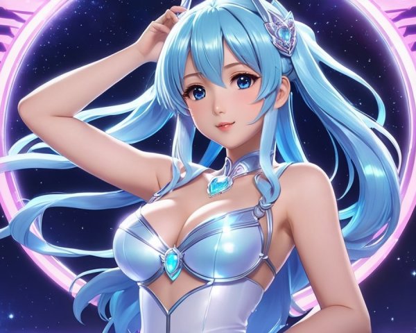 Fantastical character with blue hair and cosmic backdrop