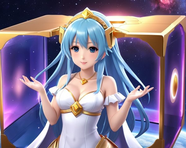 Anime character with blue hair in cosmic backdrop