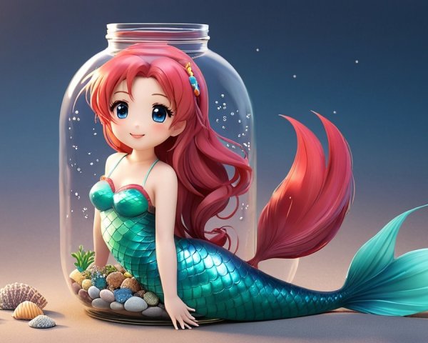 Colorful Mermaid in Glass Jar with Seashells and Bubbles