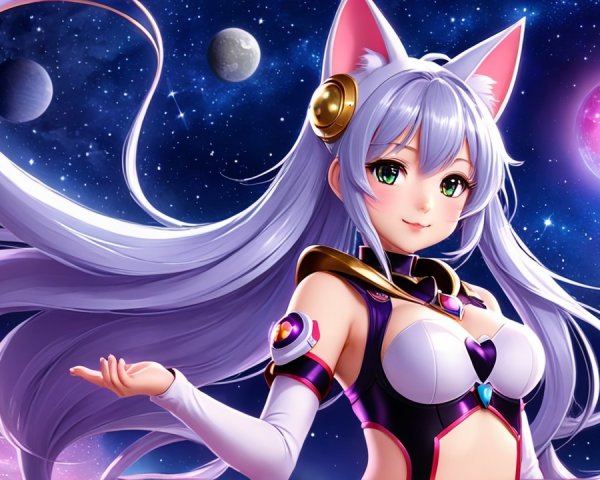 Futuristic anime character with silver hair in space