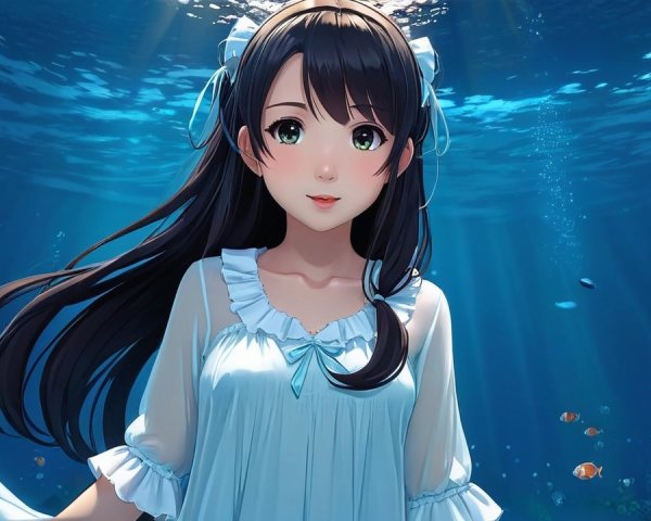 Underwater Scene with a Girl Surrounded by Fish