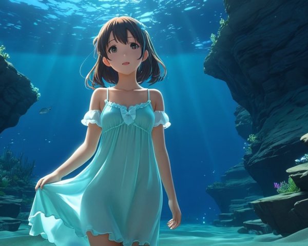 Underwater Scene with Young Woman in Blue Dress