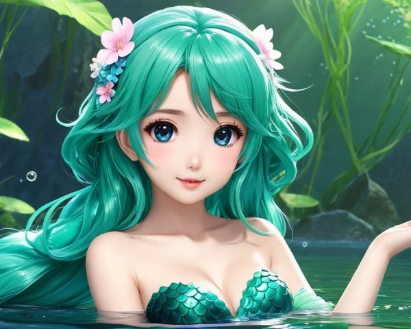 Enchanting Underwater Character with Teal Hair and Bird