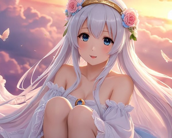Ethereal girl in pastel clouds at sunset scene