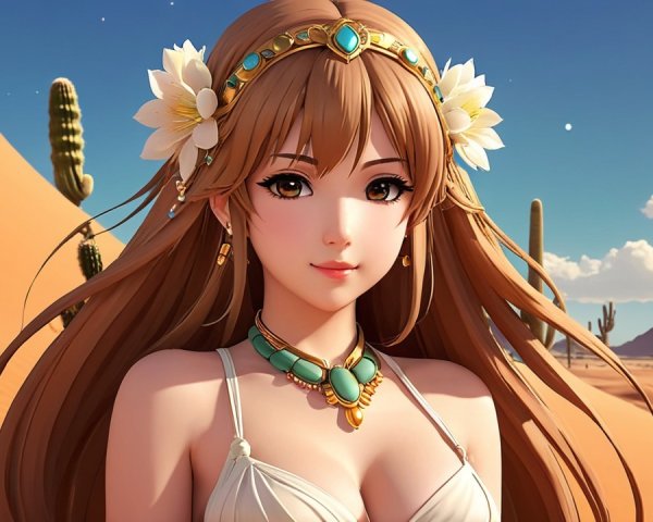 Character in Sunlit Desert with Flowers and Turquoise
