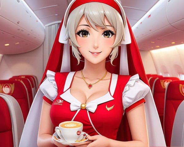 Anime Flight Attendant in Colorful Airplane Interior