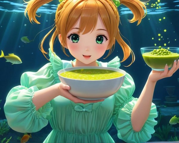 Cheerful girl underwater with green soup and fish