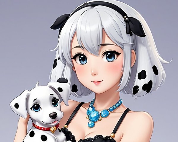 Young Woman with Silver Hair and Dalmatian Puppy