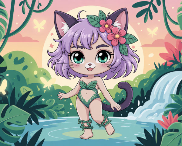 Chibi Cat Girl in Jungle River with Waterfall Scene