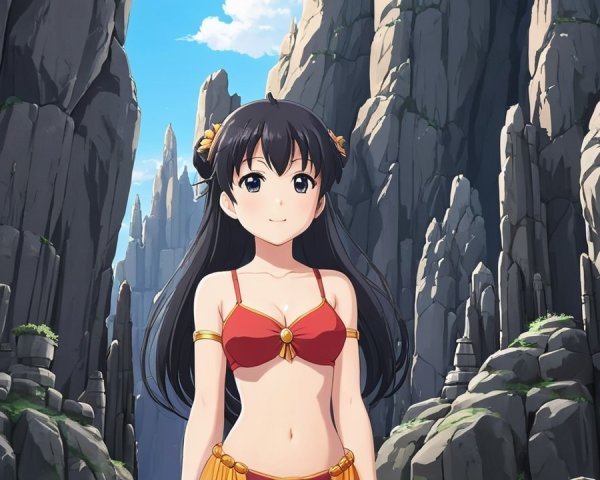 Young Girl in Red Bikini Among Towering Cliffs