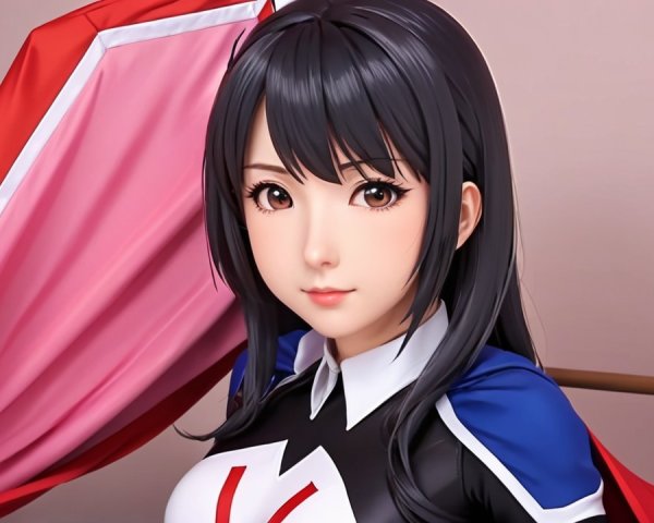 Stylized Female Character with Long Black Hair and Cape