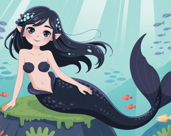 Cartoon Mermaid on Rock Surrounded by Colorful Sea Life