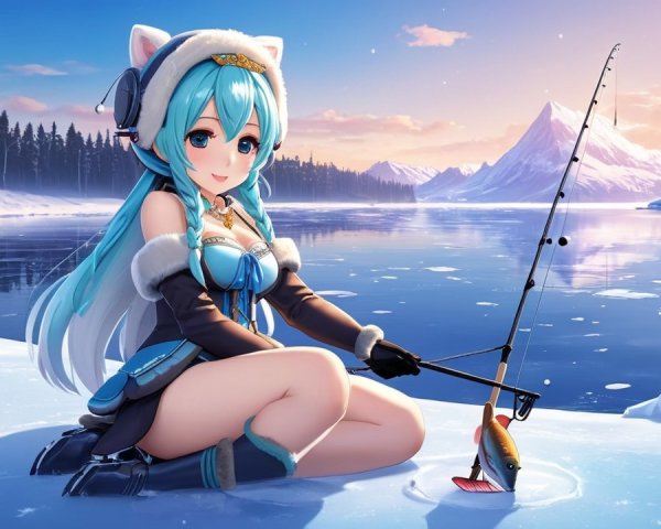 Anime girl with turquoise hair fishing in winter scene